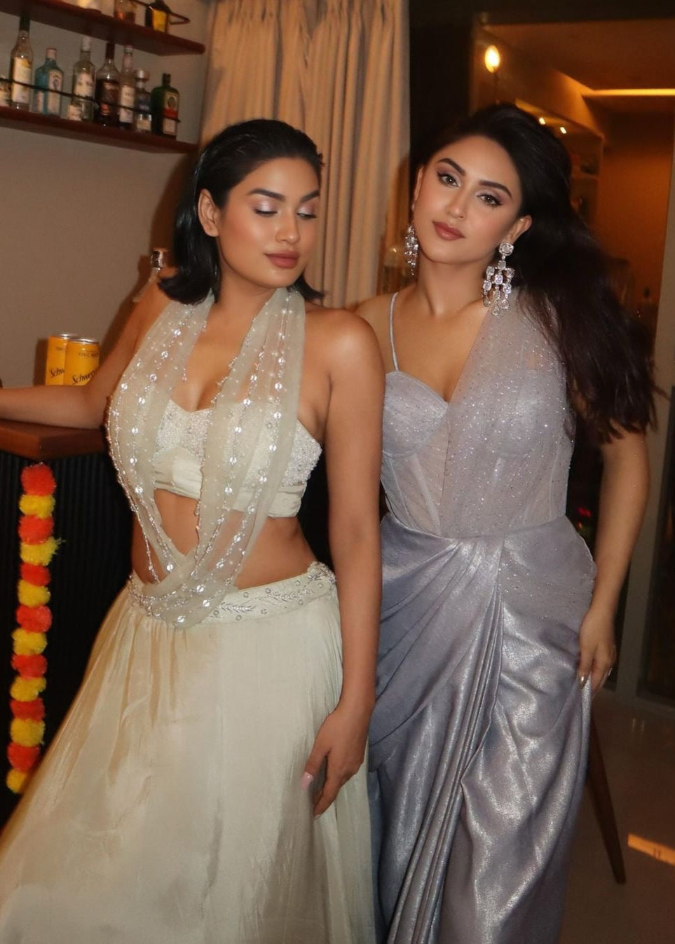 Faizah Grey Rhinestone Mesh One- Piece Saree Set
