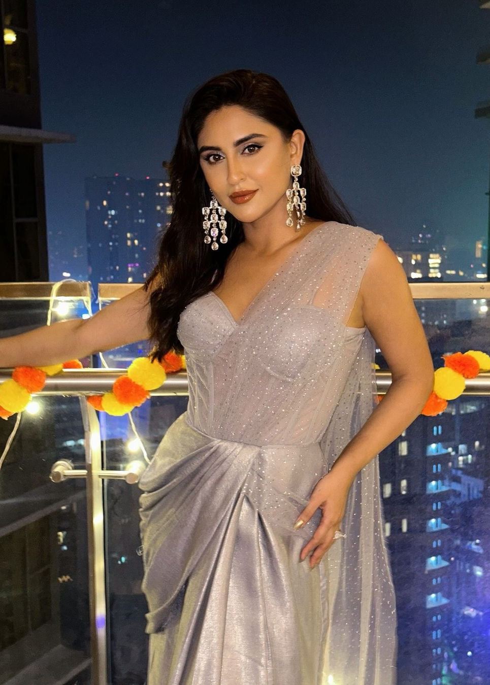 Faizah Grey Rhinestone Mesh One- Piece Saree Set
