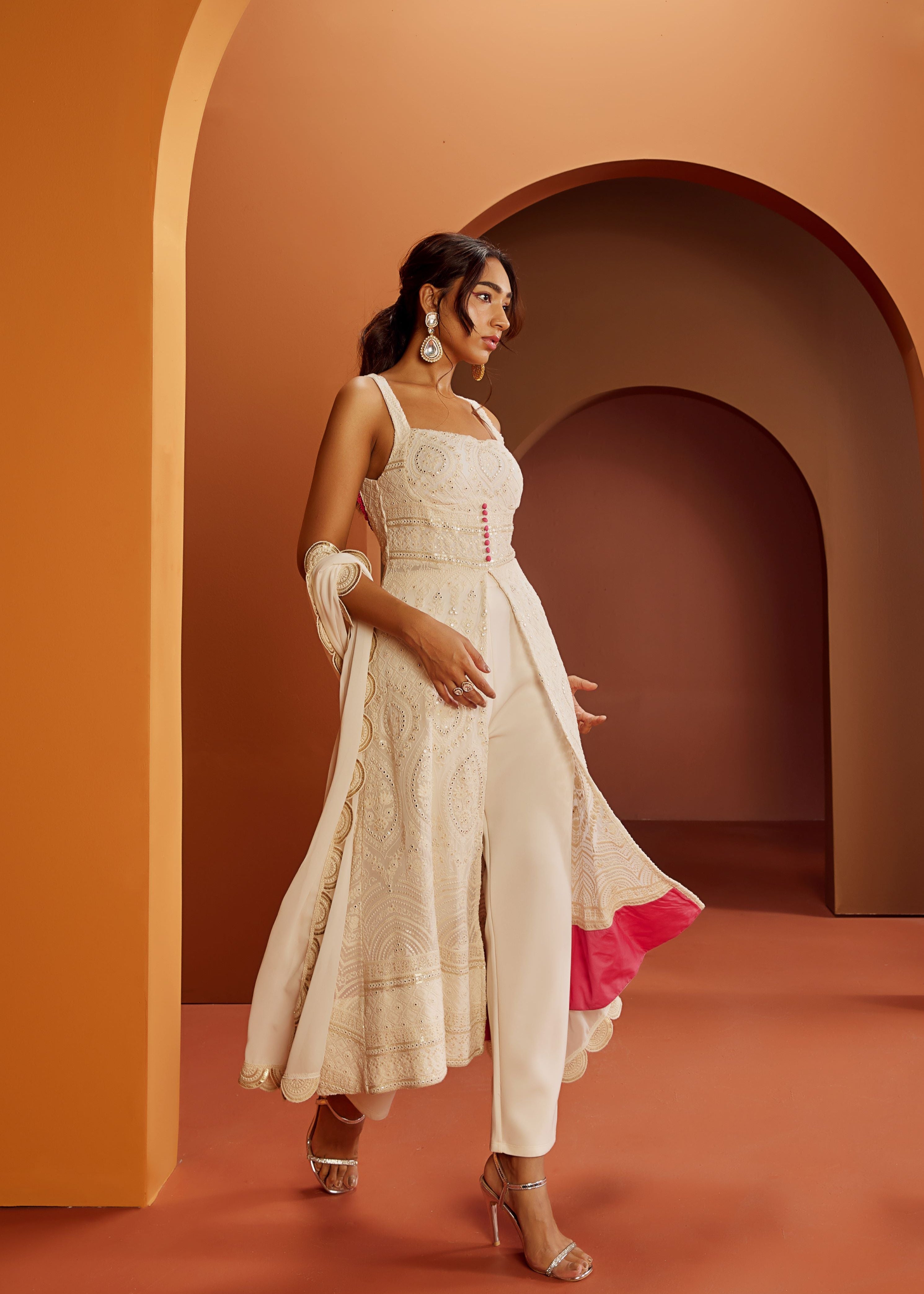 Falak White Embroidered Georgette Anarkali Suit Set featuring delicate embroidery on flowing georgette fabric for an ethereal and elegant look