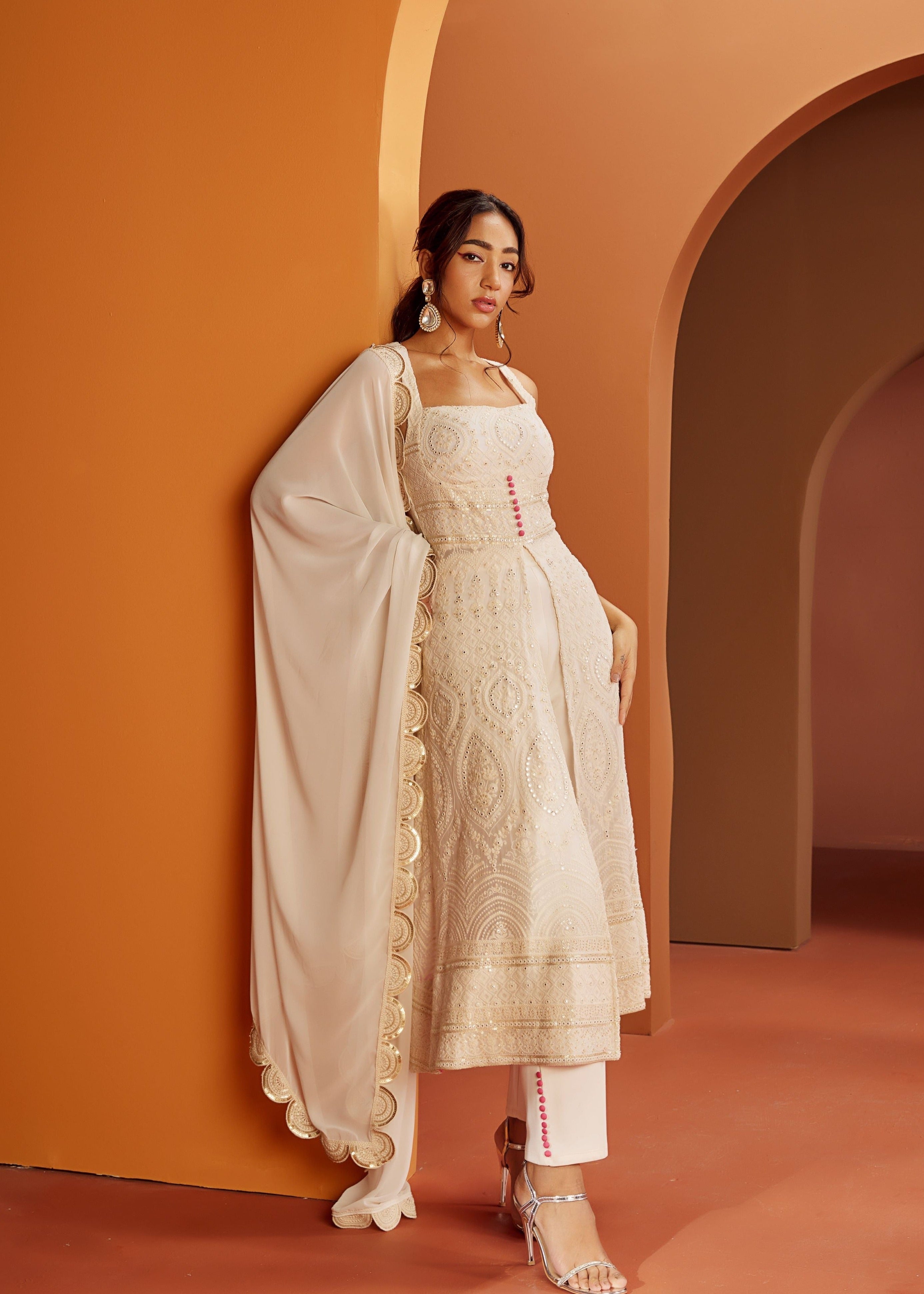 Falak White Embroidered Georgette Anarkali Suit Set featuring delicate embroidery on flowing georgette fabric for an ethereal and elegant look