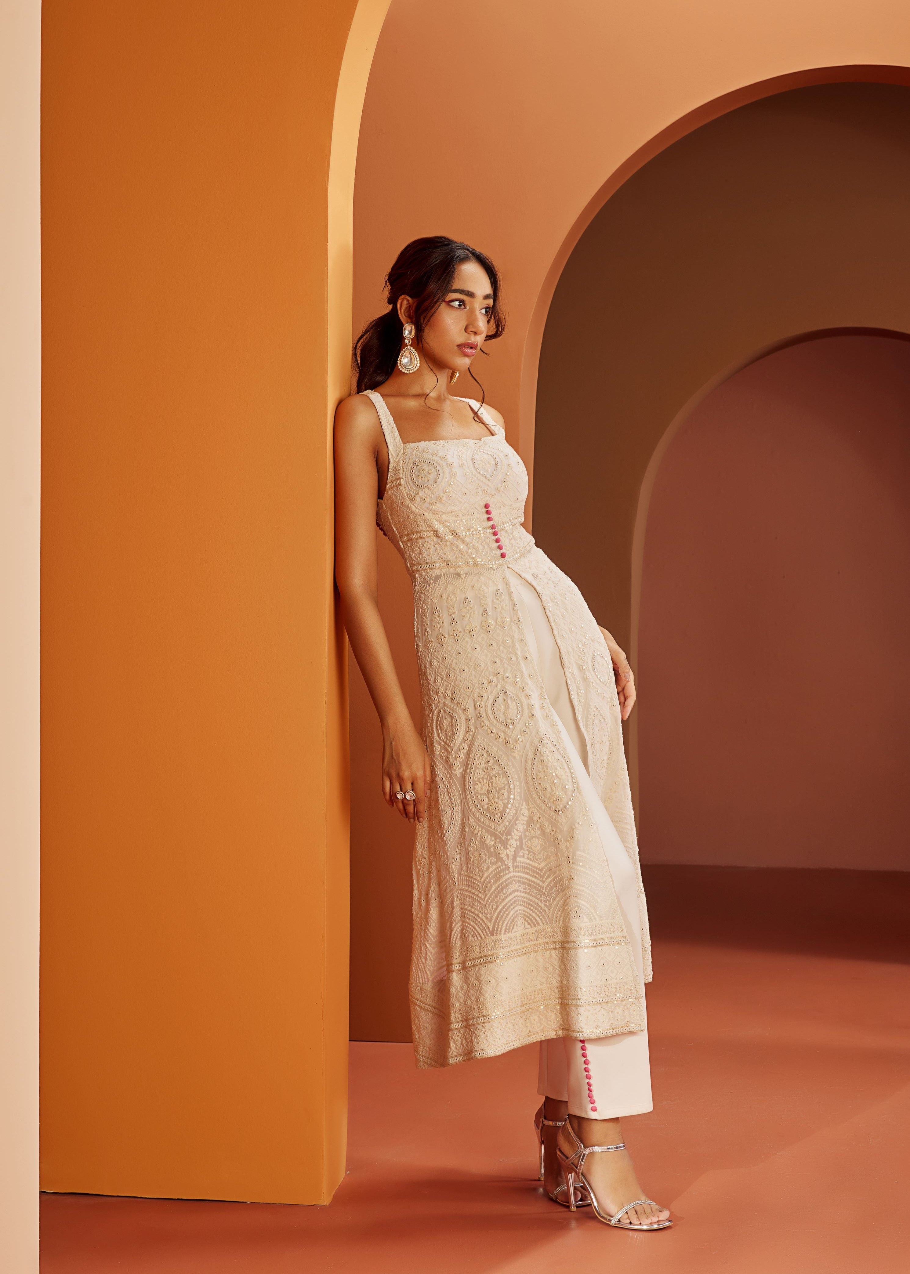Falak White Embroidered Georgette Anarkali Suit Set featuring delicate embroidery on flowing georgette fabric for an ethereal and elegant look