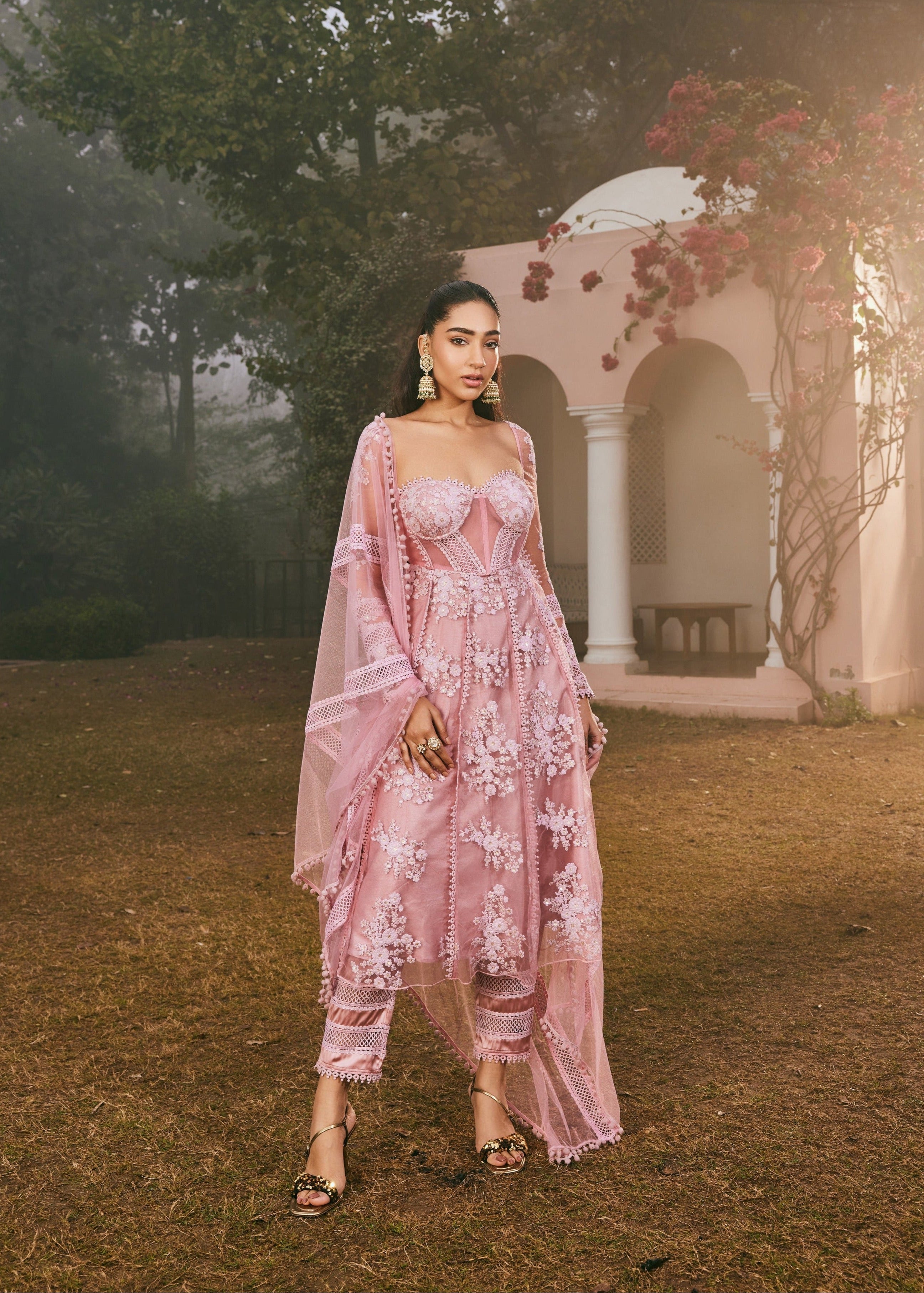 Fariha Blush Pink Embroidered Corset Anarkali Suit Set with delicate blush pink embroidery and a stylish corset design