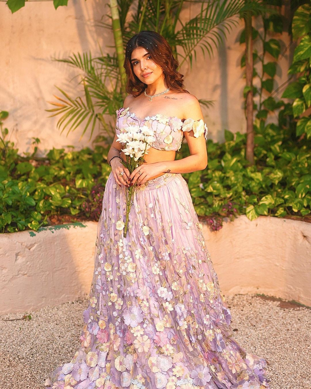Shop Lavender 3-D Floral Embroidered Lehenga Set