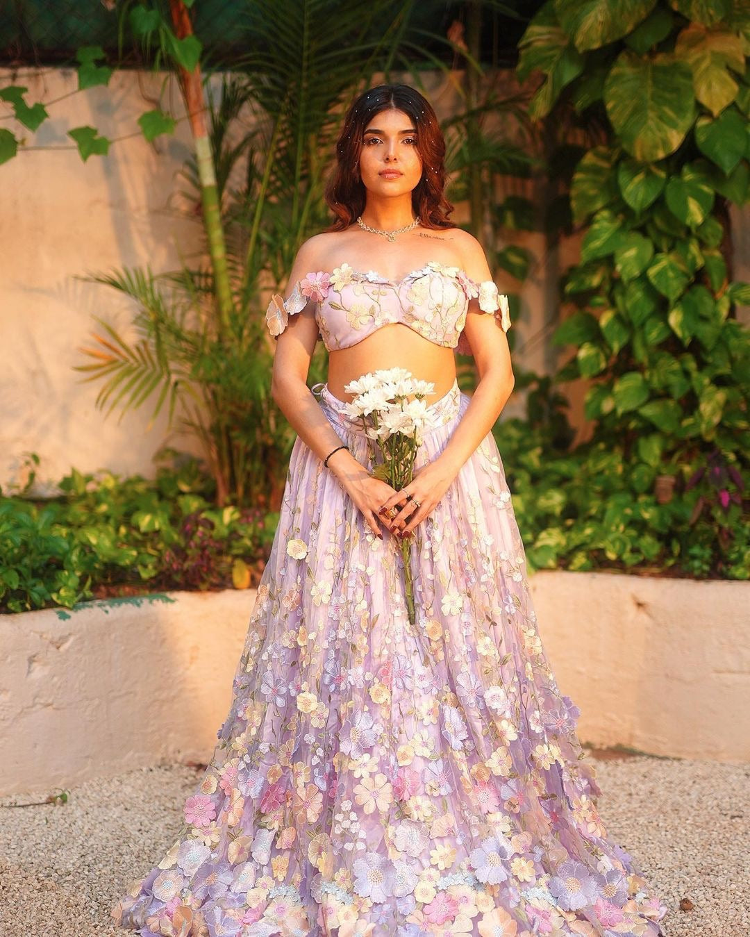 Shop Lavender 3-D Floral Embroidered Lehenga Set