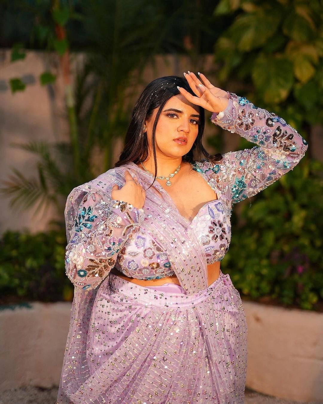 Lavender Embroidered Saree Set