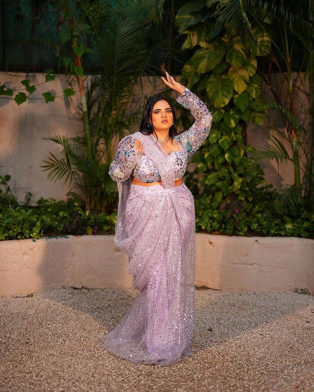 Lavender Embroidered Saree Set