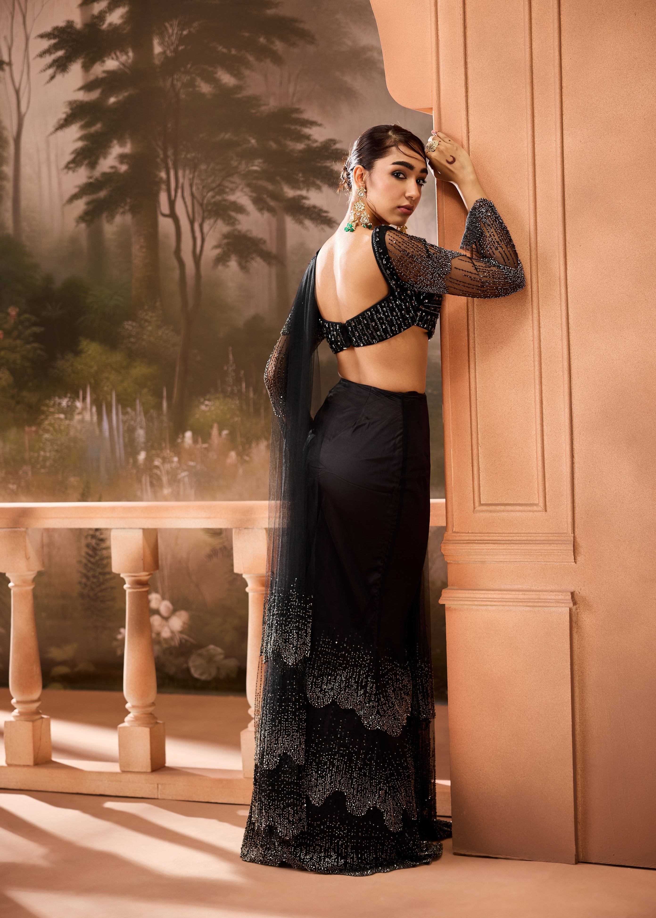 Imanat Black Embellished Pre-Draped Saree
