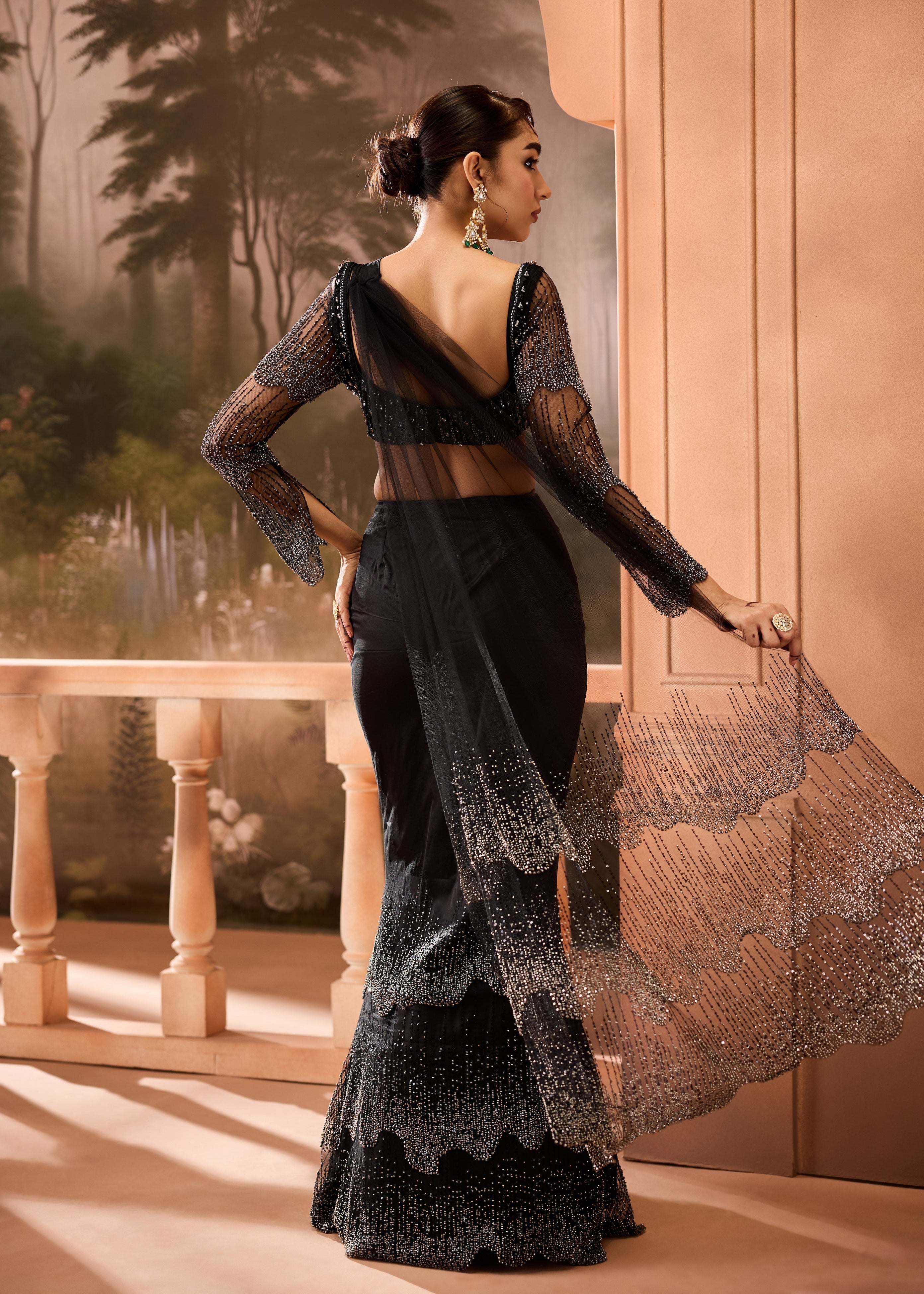 Imanat Black Embellished Pre-Draped Saree
