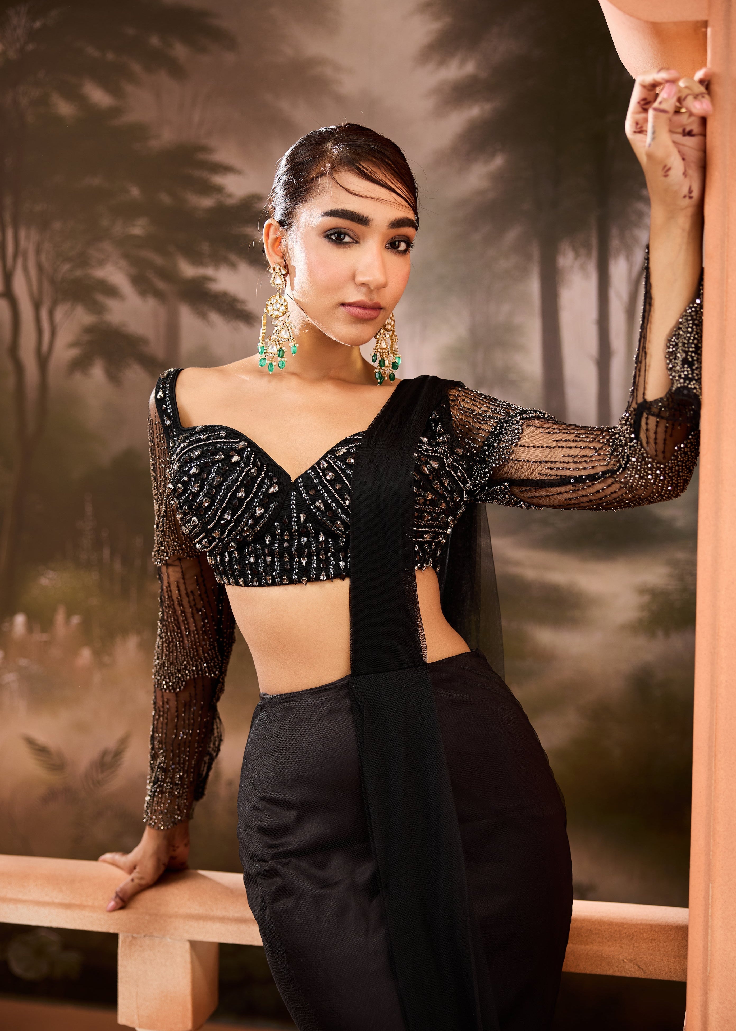 Imanat Black Embellished Pre-Draped Saree
