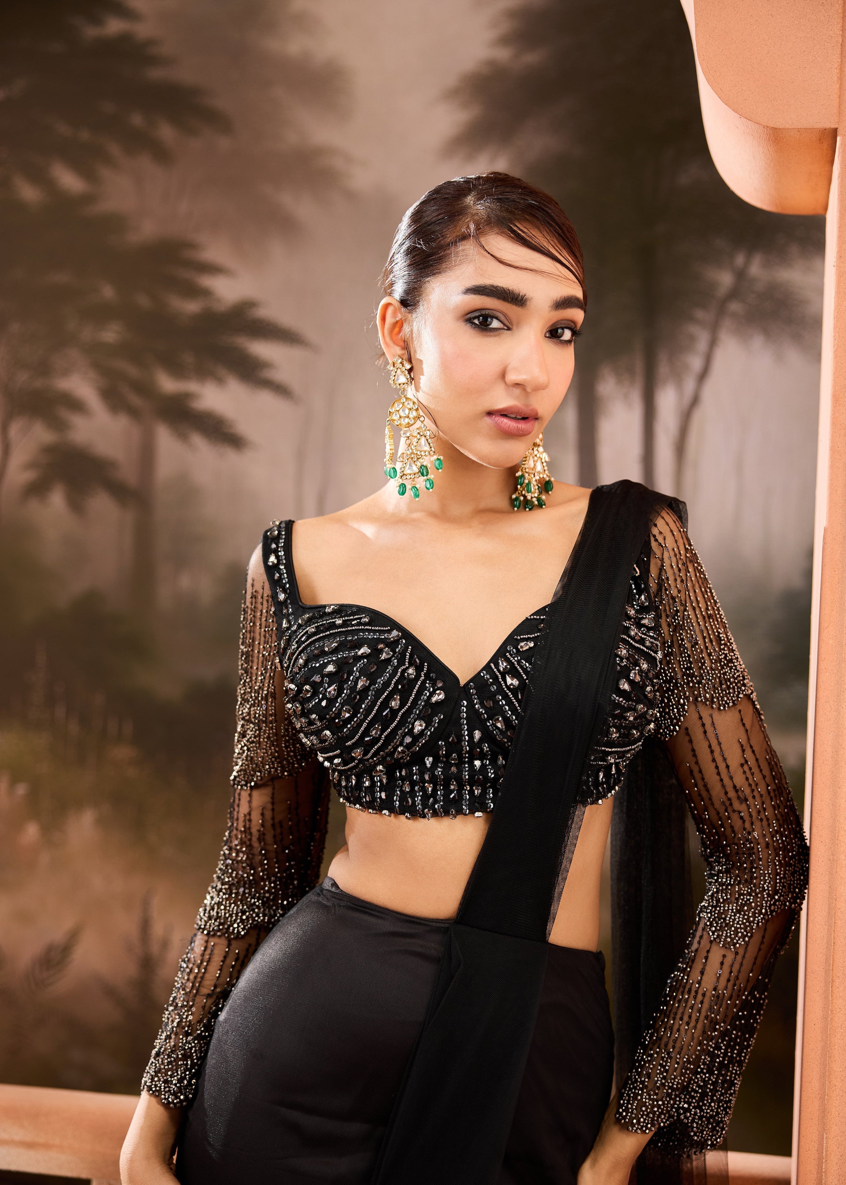 Imanat Black Embellished Pre-Draped Saree
