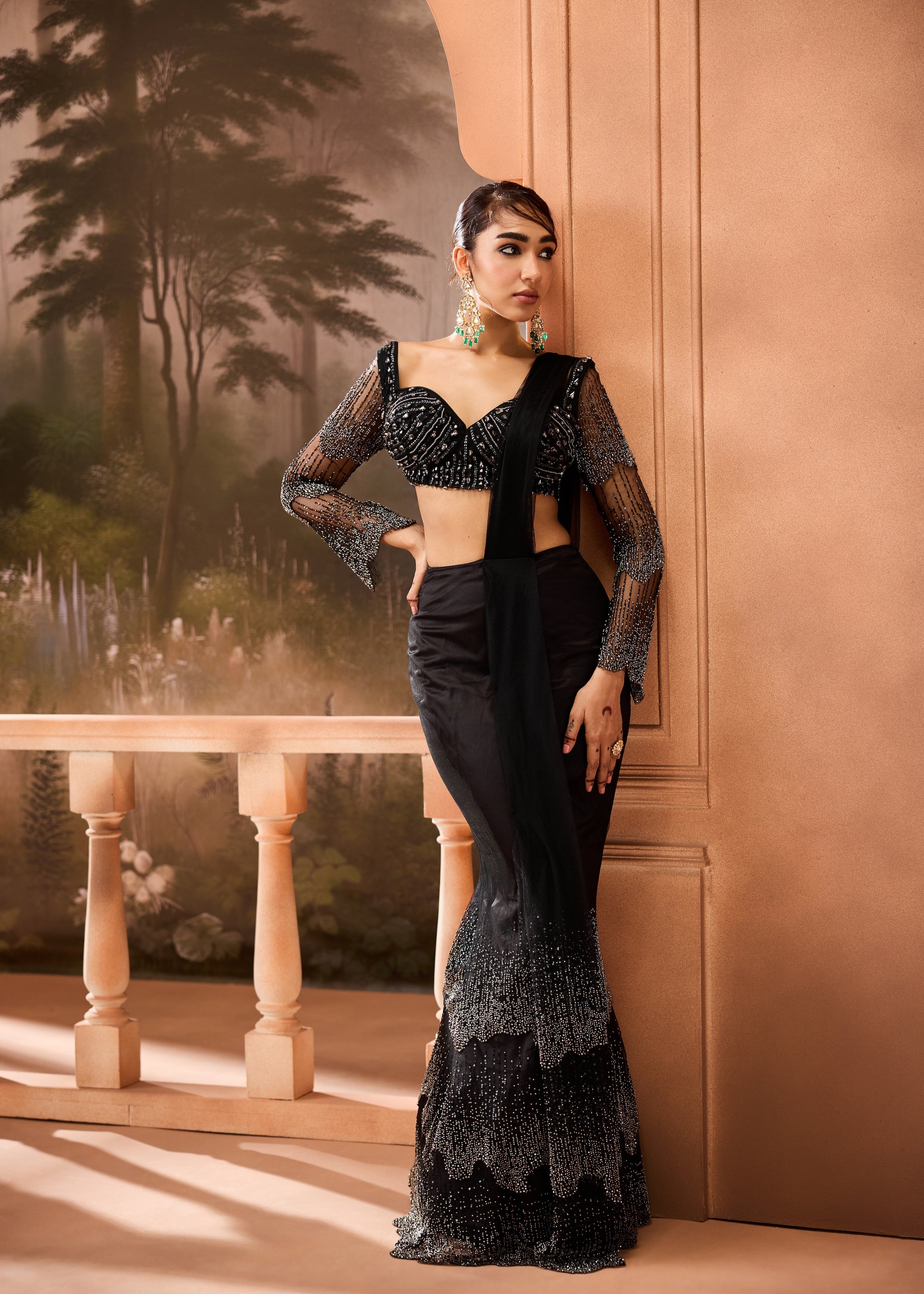 Imanat Black Embellished Pre-Draped Saree
