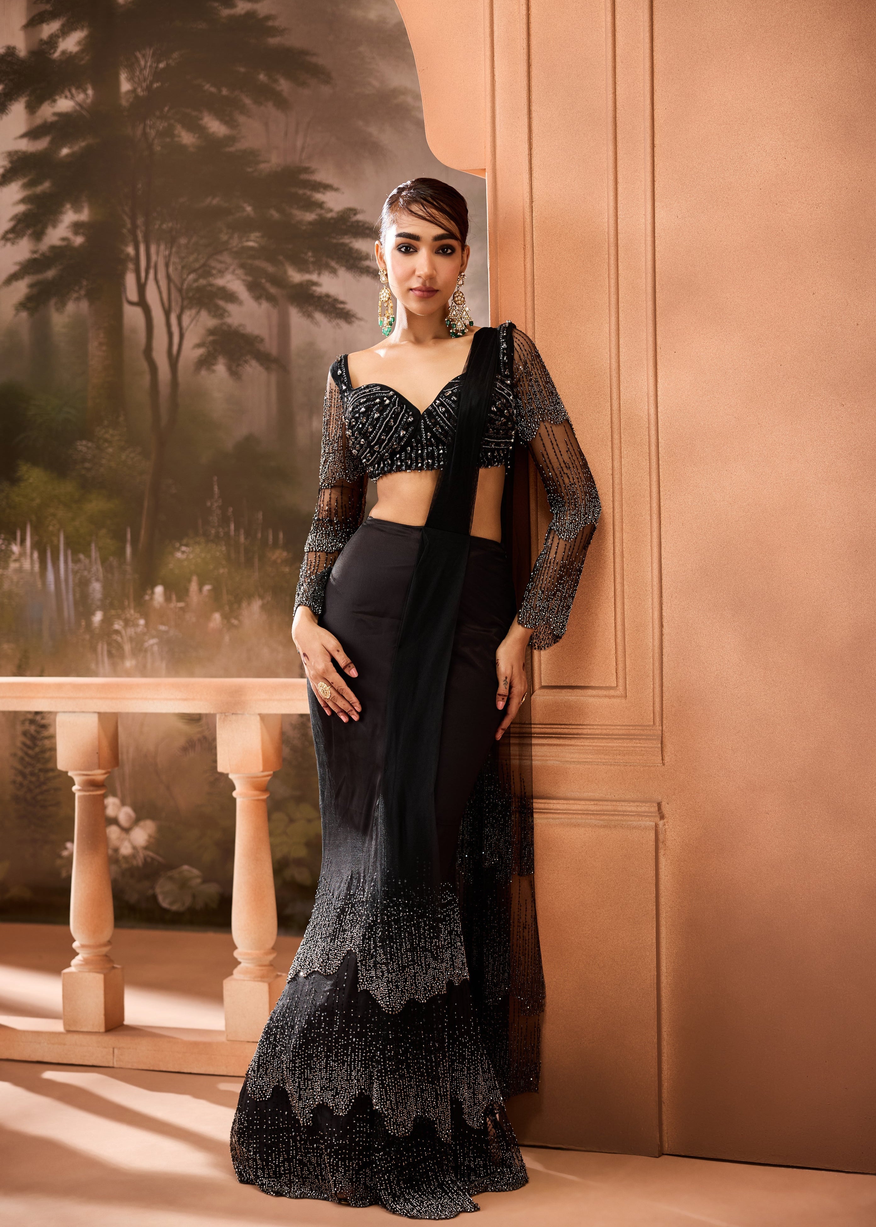 Imanat Black Embellished Pre-Draped Saree
