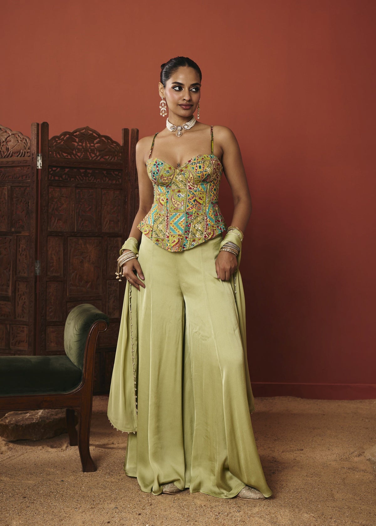 Anaya Pistachio Embroidered Corset Co-ord Set
