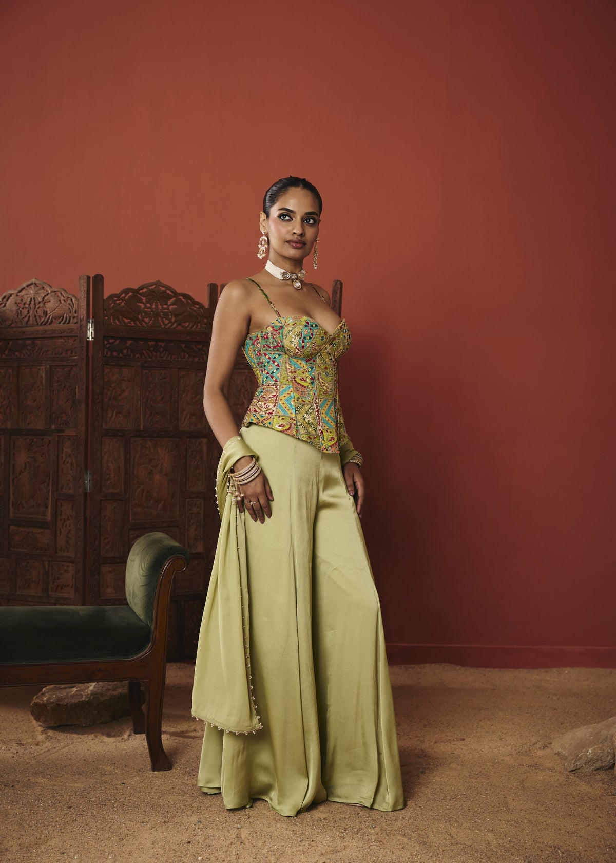 Anaya Pistachio Embroidered Corset Co-ord Set