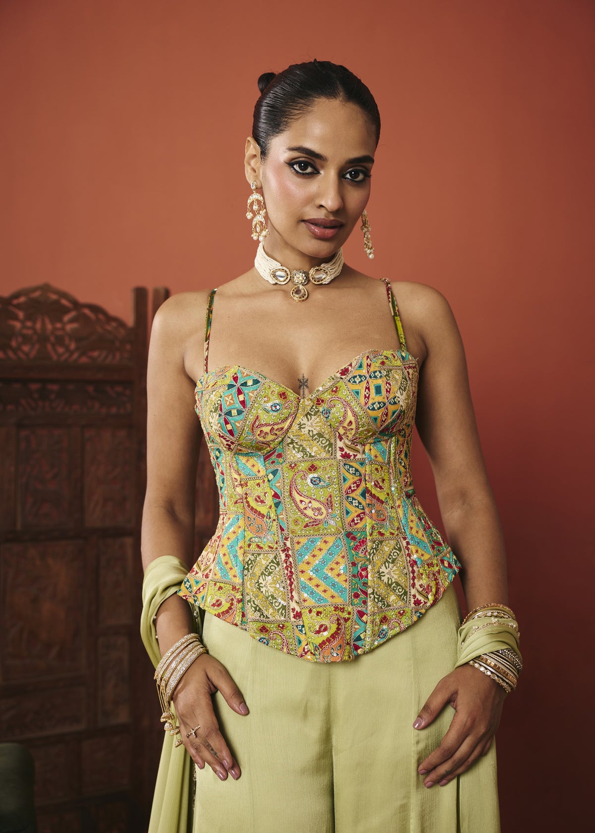 Anaya Pistachio Multicolour Patchwork Embroidered Corset