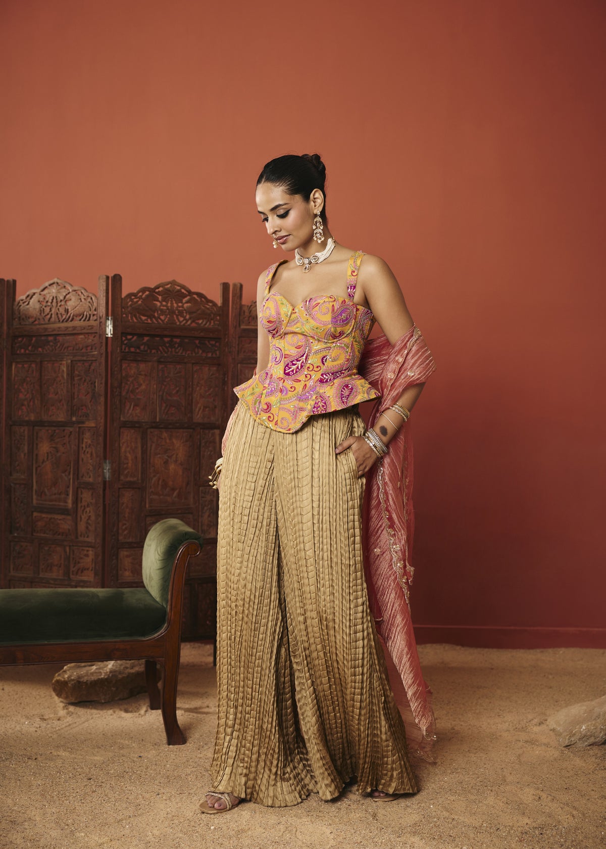 Ishaani Marigold Paisley Embroidered Corset Set