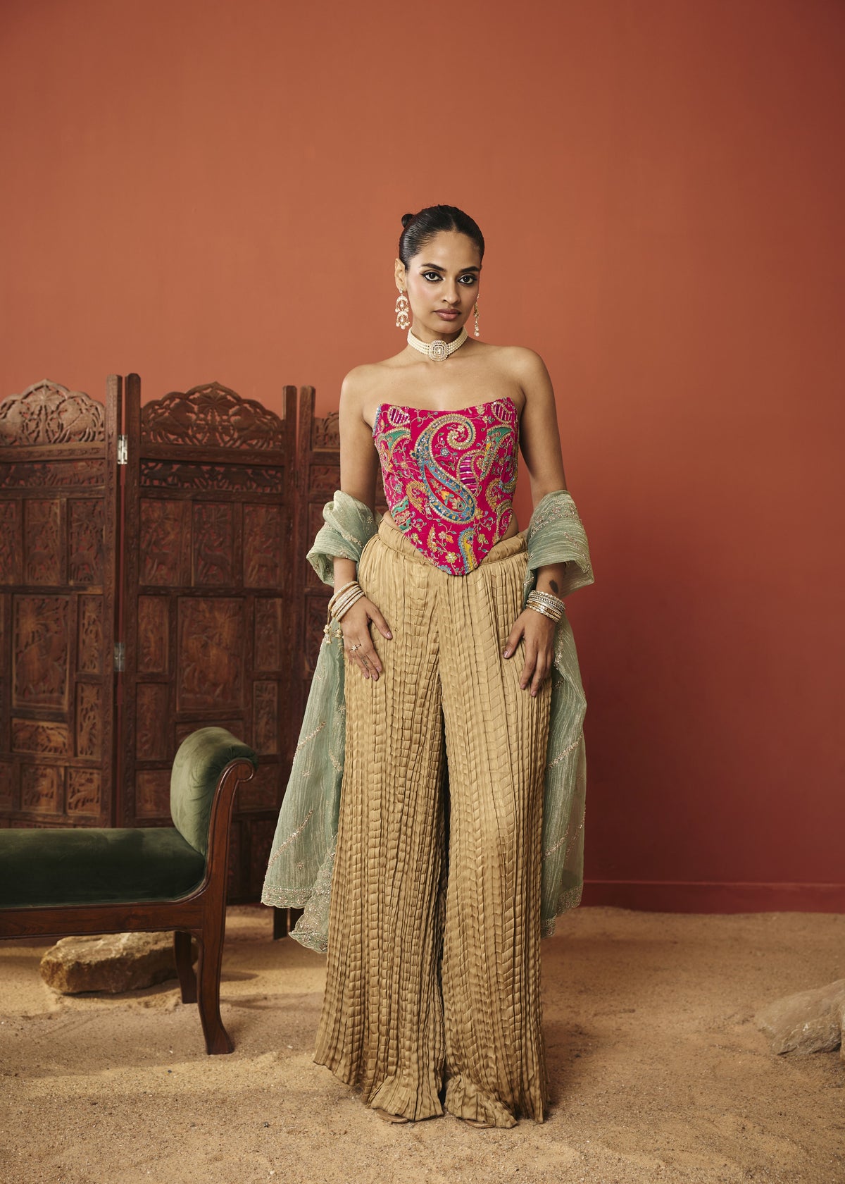 The Zaida Fuchsia Paisley Embroidered Corset  Set