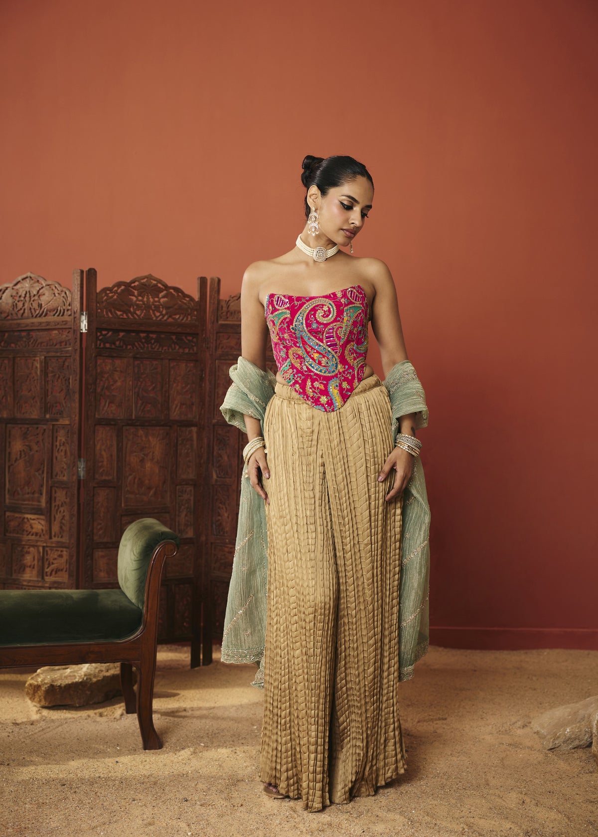 The Zaida Fuchsia Paisley Embroidered Corset  Set