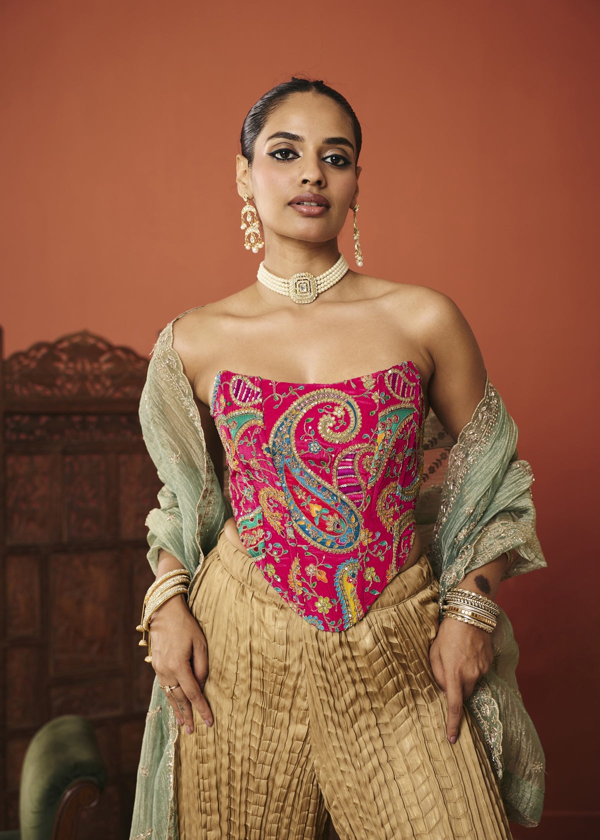 Zaida Fuchsia Paisley Embroidered Corset