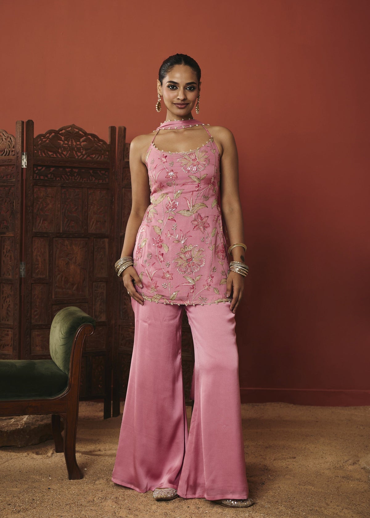 Rani Pink Floral Embroidered Kurta Set