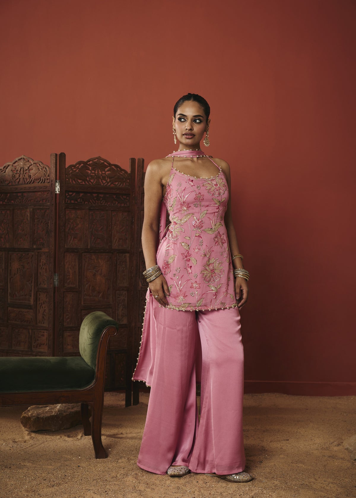 Rani Pink Floral Embroidered Kurta Set