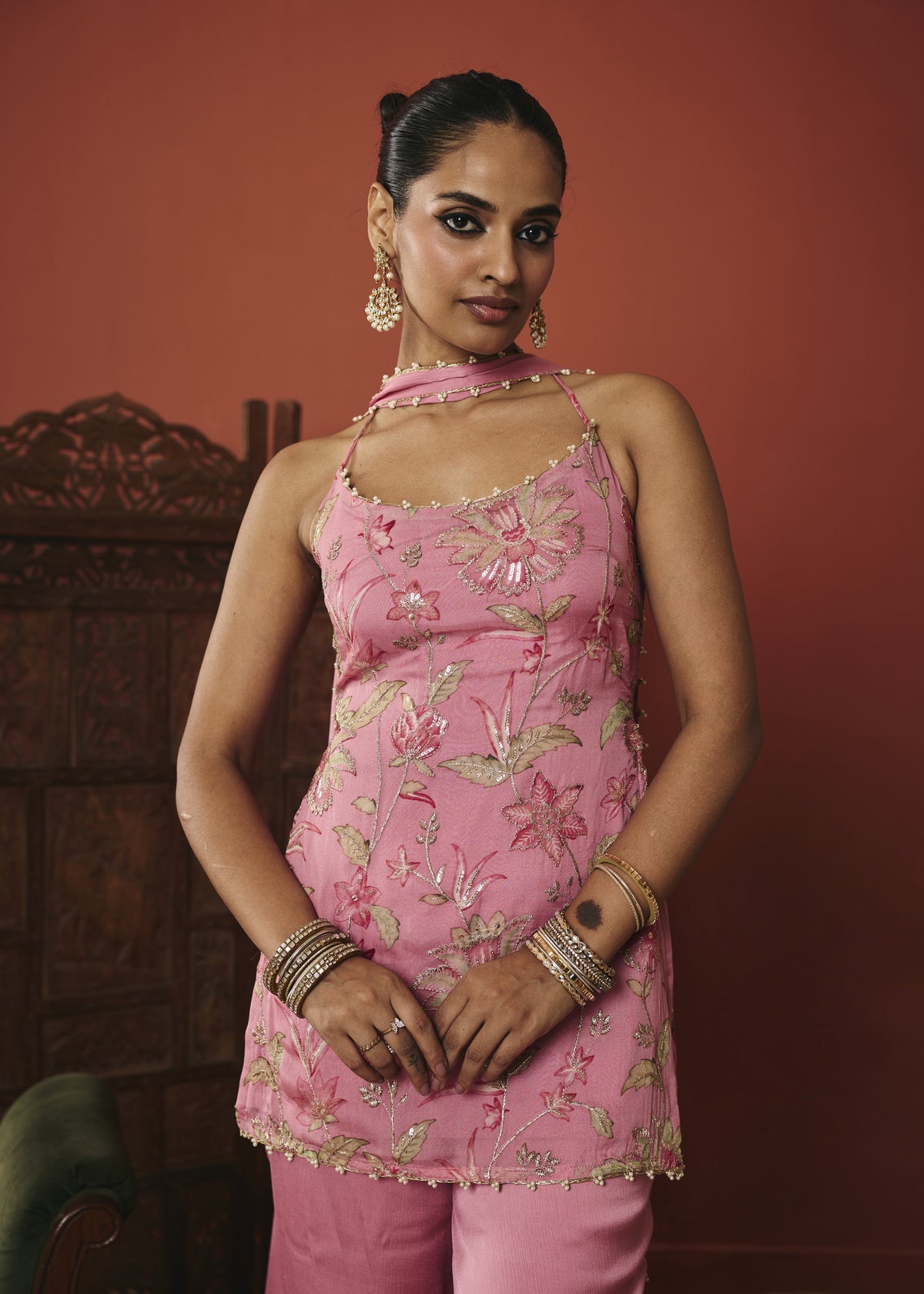Rani Pink Floral Embroidered Kurta Set