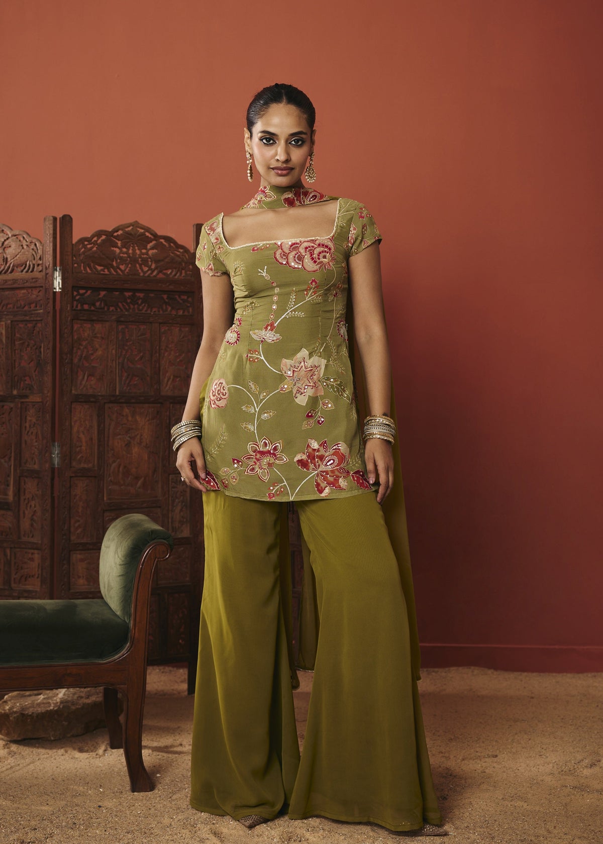 Vanya Olive Floral Embroidered Kurta Set