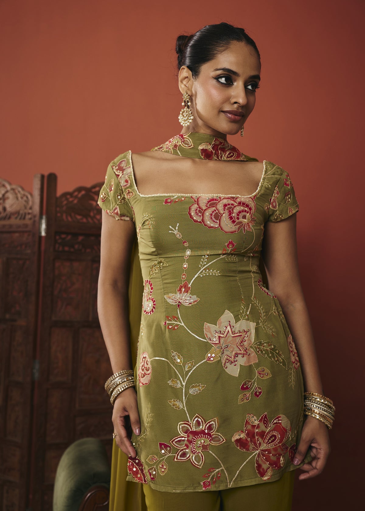 Vanya Olive Floral Embroidered Kurta Set