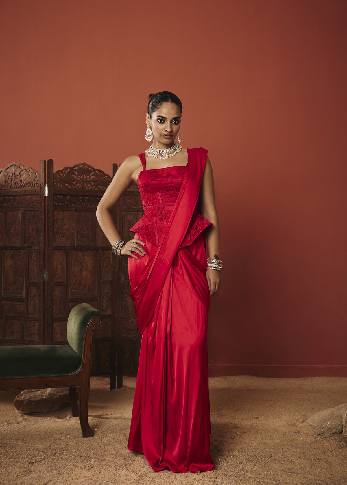 The Surkh Crimson Embroidered Silk Organza and Satin Corset Saree Set