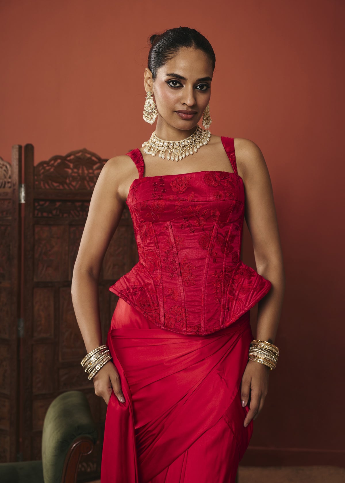 The Surkh Crimson Embroidered Silk Organza Corset