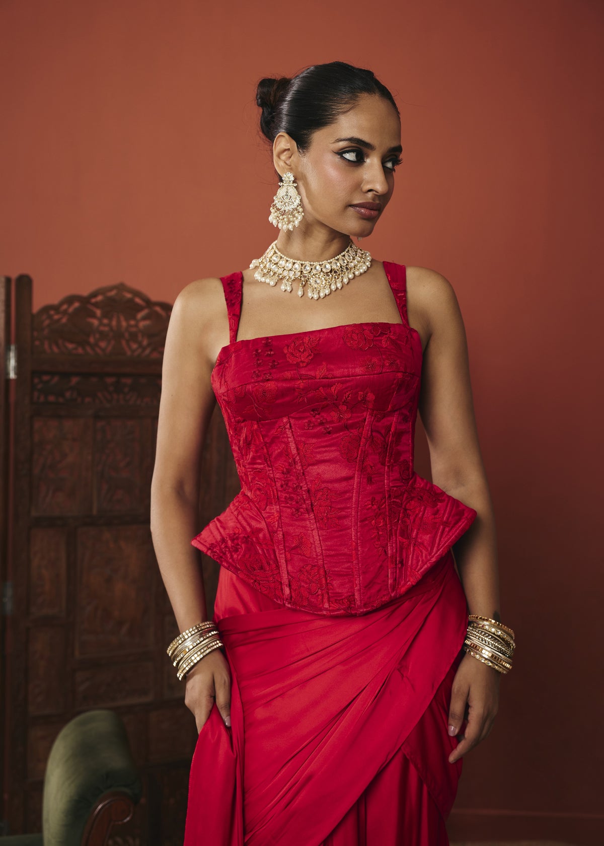 The Surkh Crimson Embroidered Silk Organza Corset