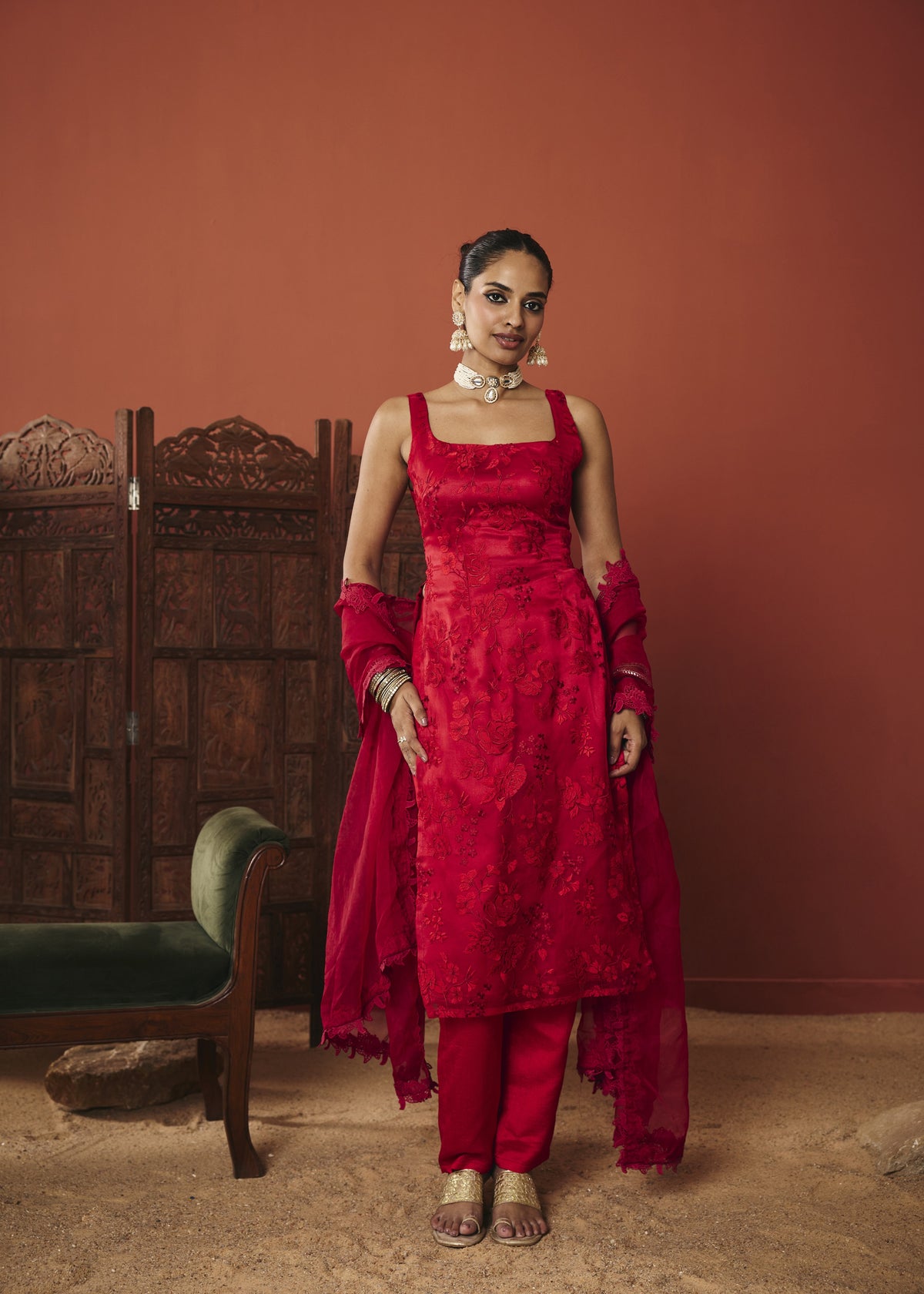 The Zara Crimson Floral Embroidered Kurta Set