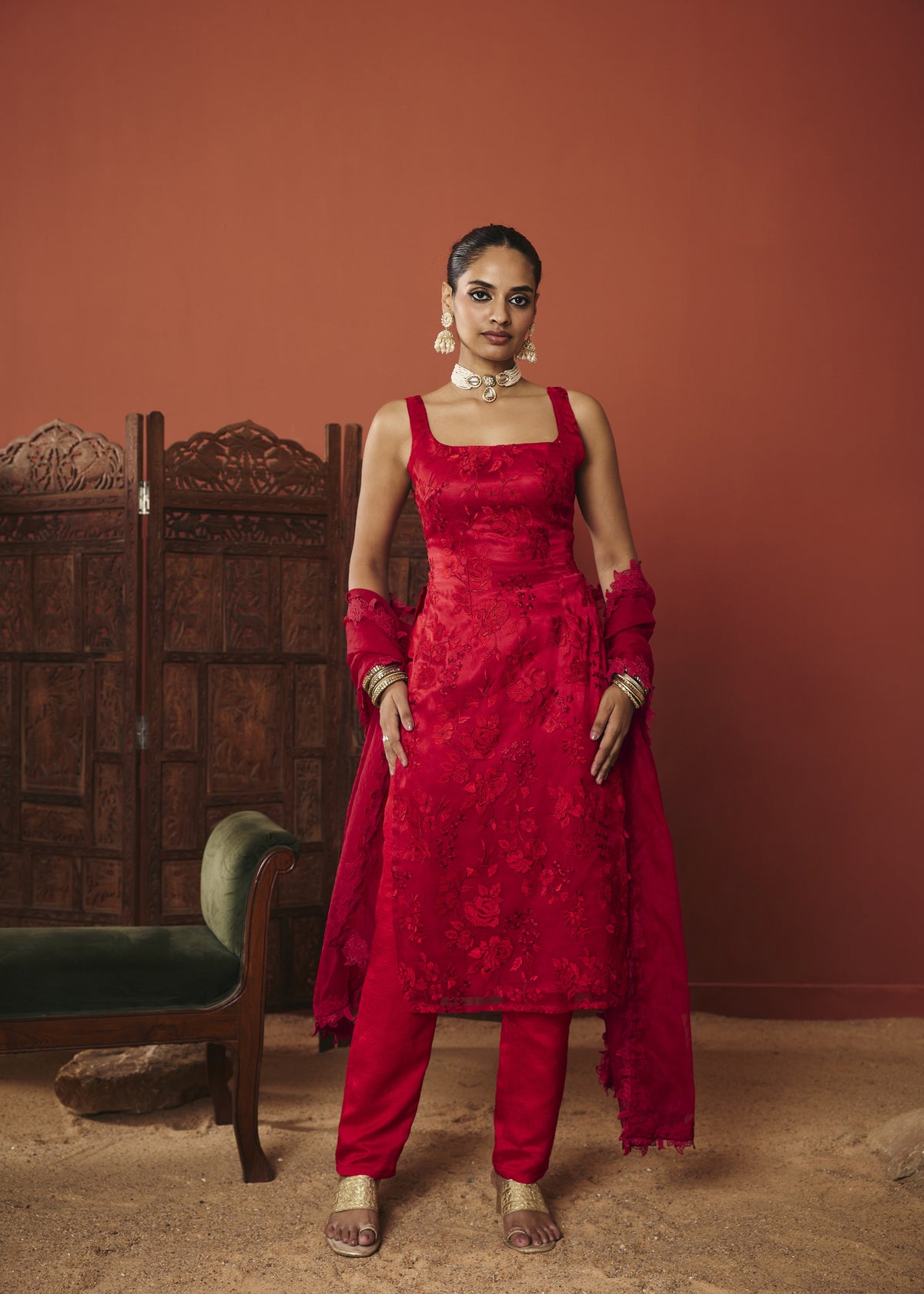 The Zara Crimson Floral Embroidered Kurta Set
