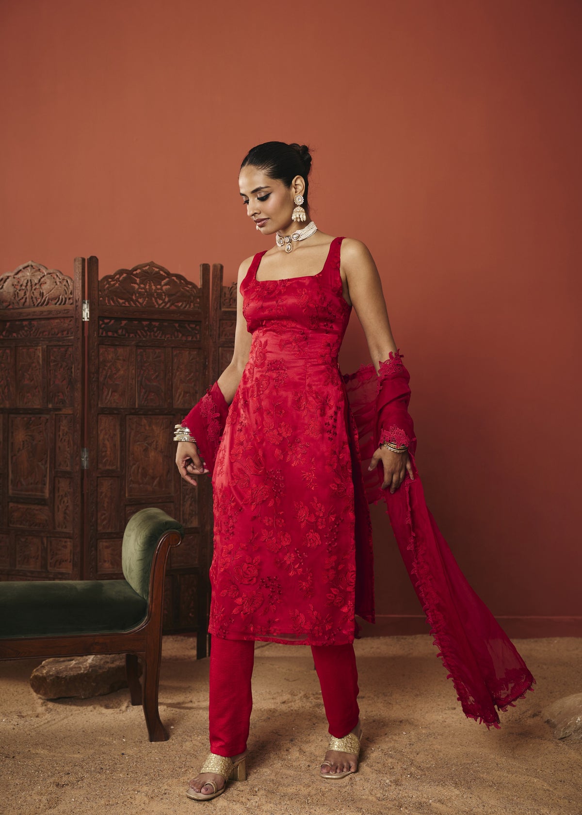 The Zara Crimson Floral Embroidered Kurta Set