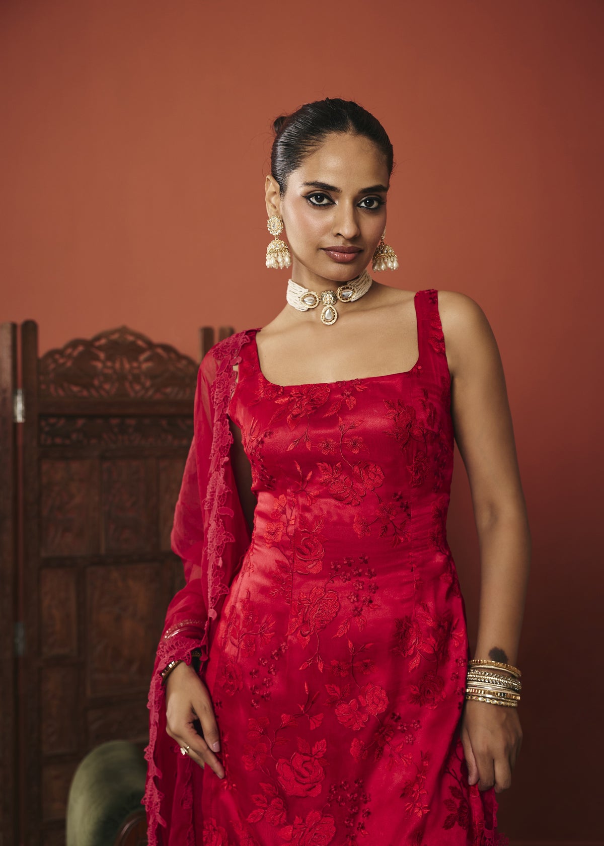 The Zara Crimson Floral Embroidered Kurta Set
