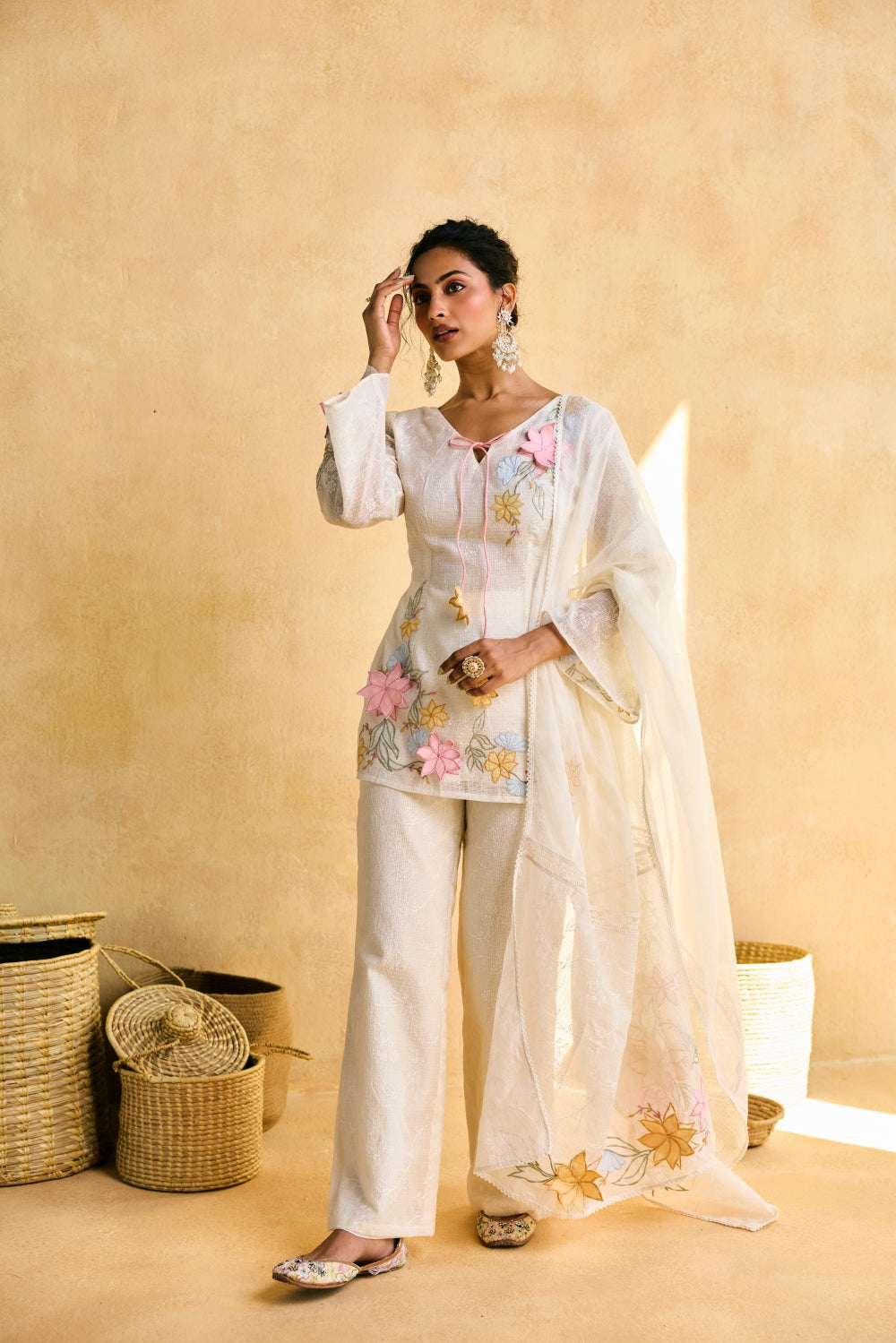 Meadow Tulip Embroidered Kota Kurta Set