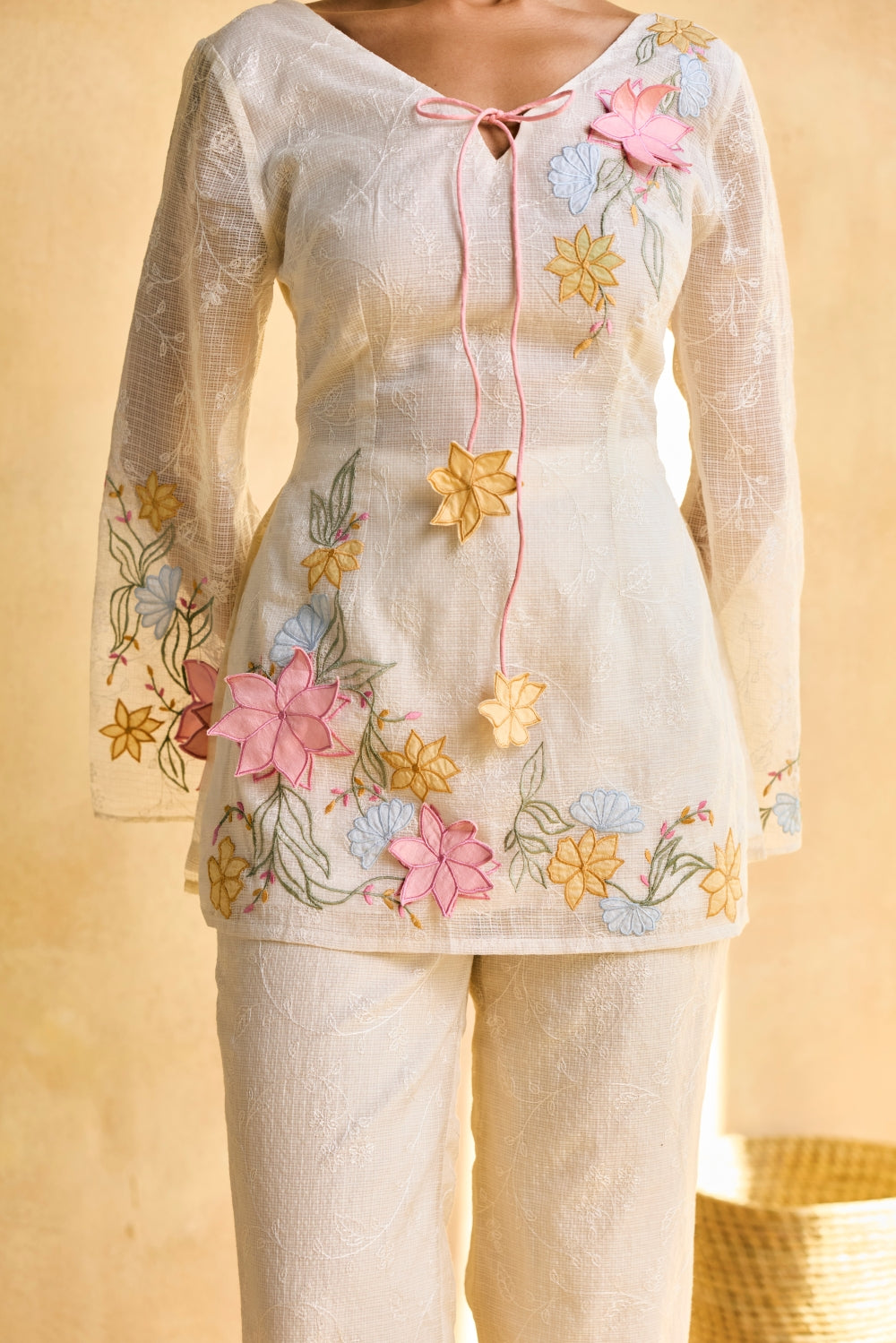 Meadow Tulip Embroidered Kota Kurta Set