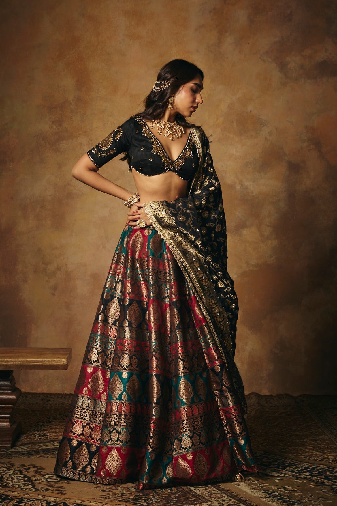 Mrinalini Black Banarasi Brocade Lehenga Set