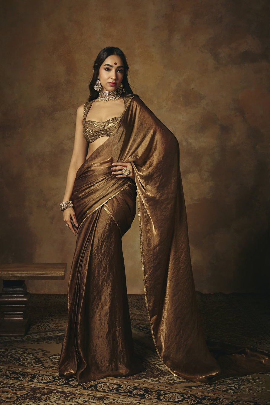 Hemangi Gold Dabka Embroidered Saree Set