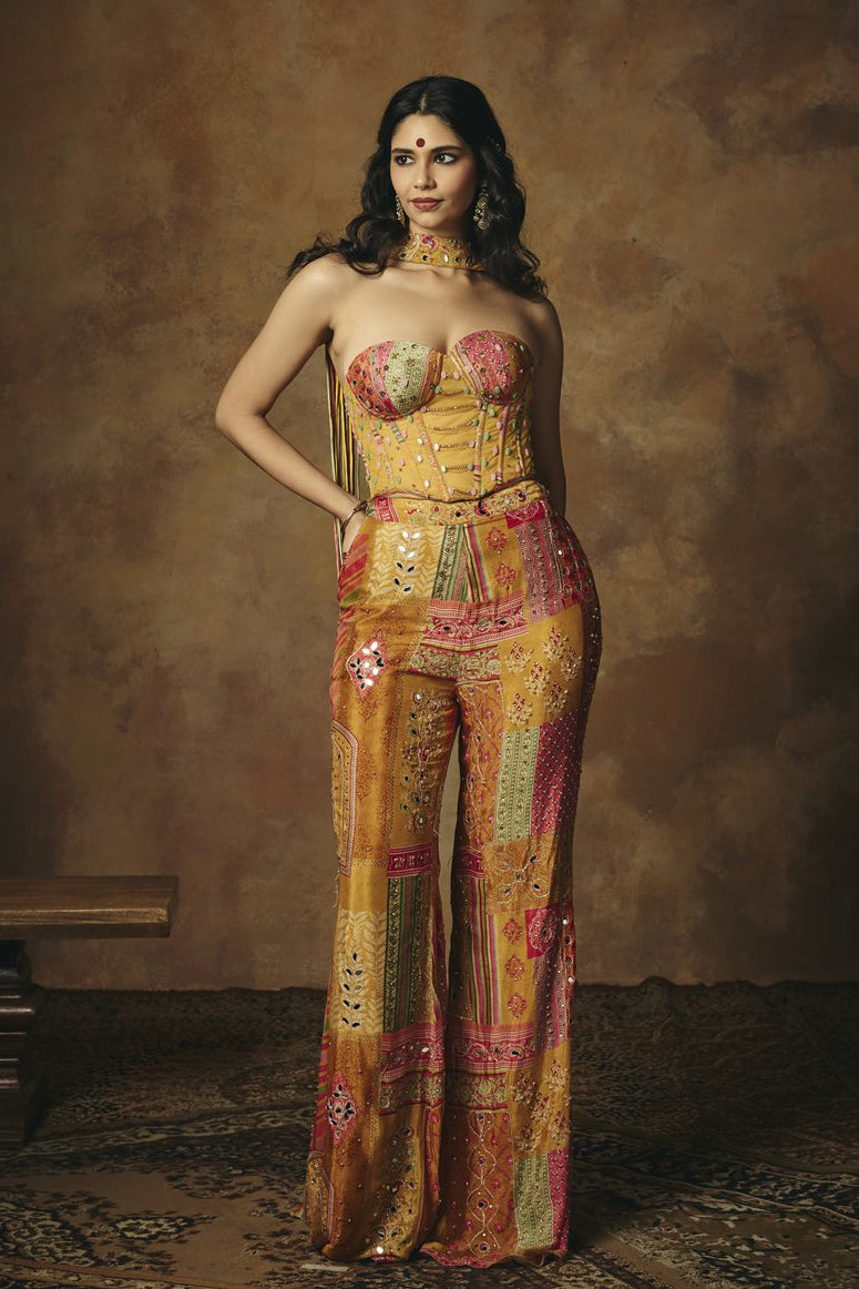 Vasumati Yellow Print Embroidered Corset Set