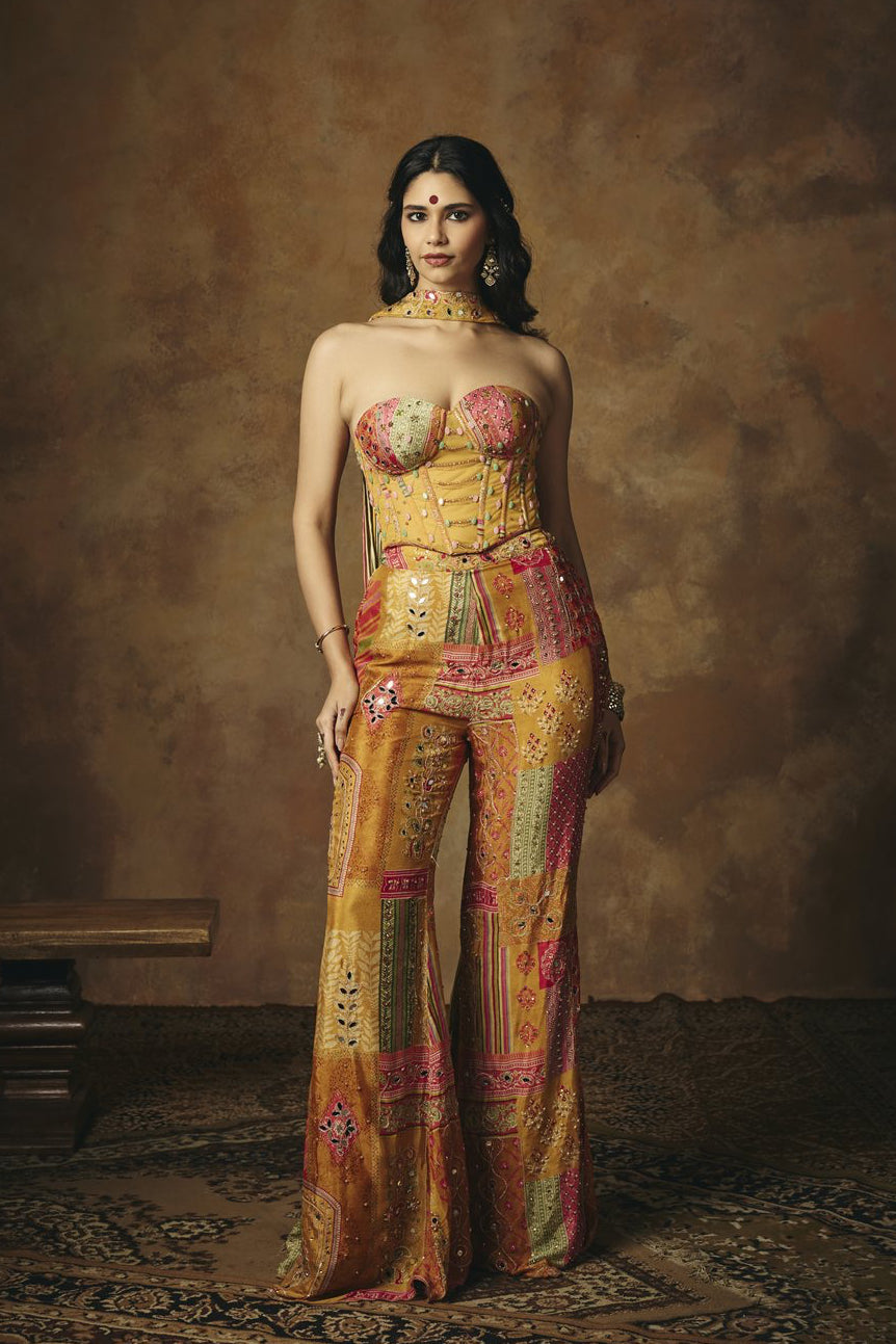 Vasumati Yellow Print Embroidered Corset Set