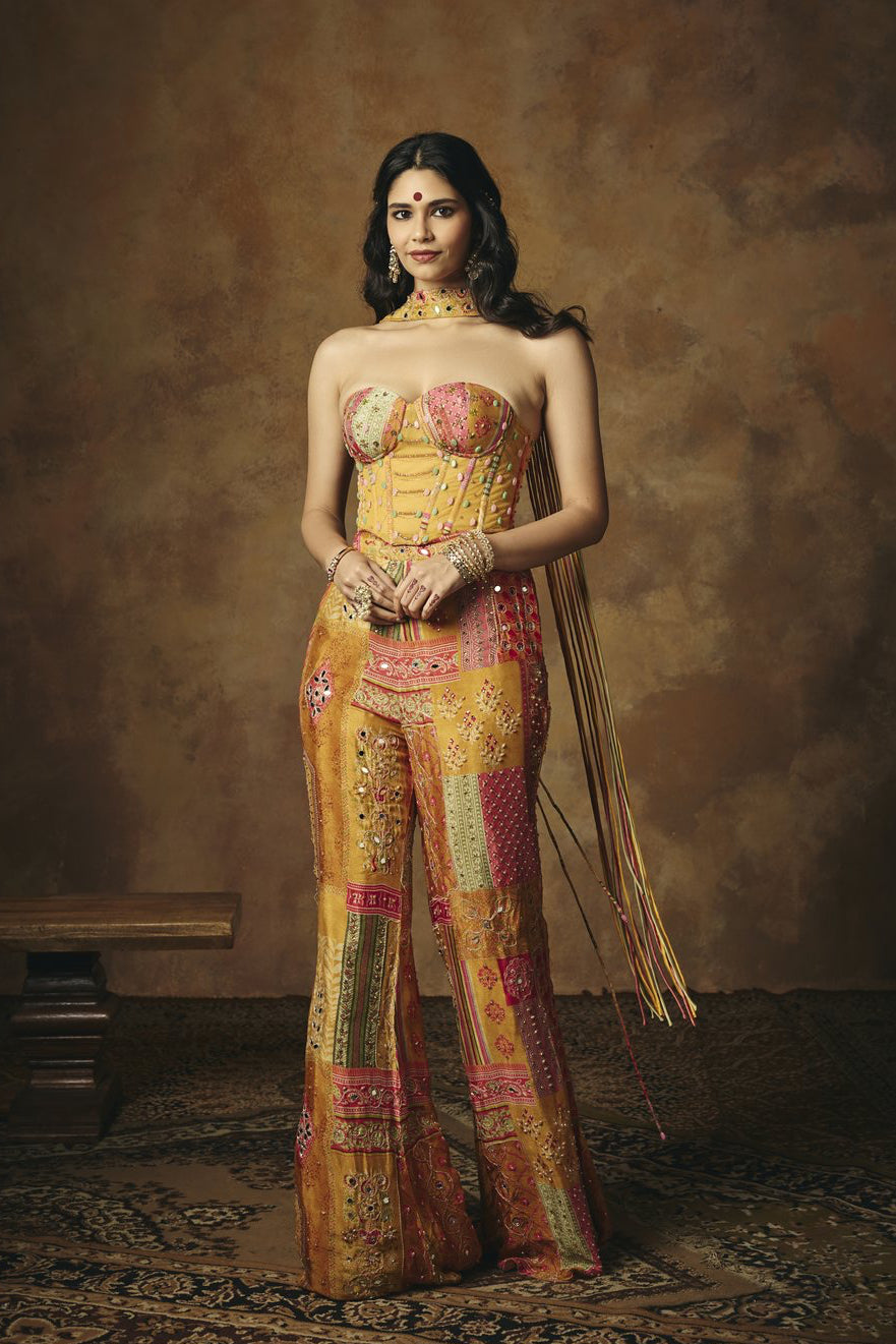 Vasumati Yellow Print Embroidered Corset Set