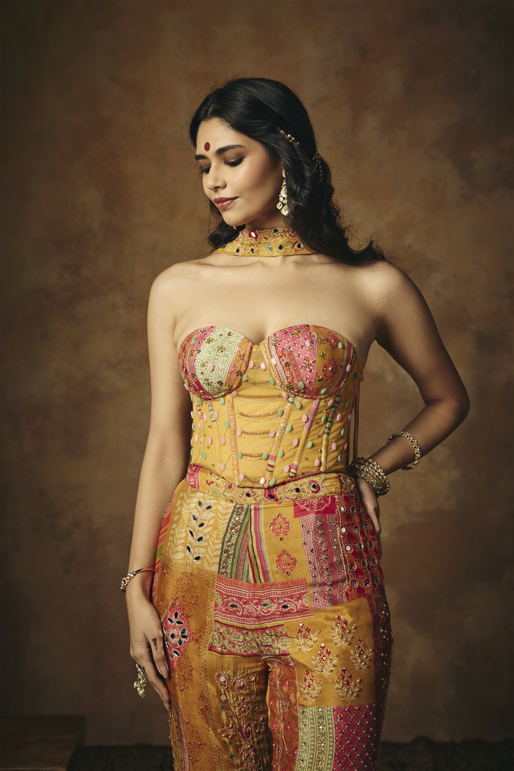 Vasumati Yellow Print Embroidered Corset Set
