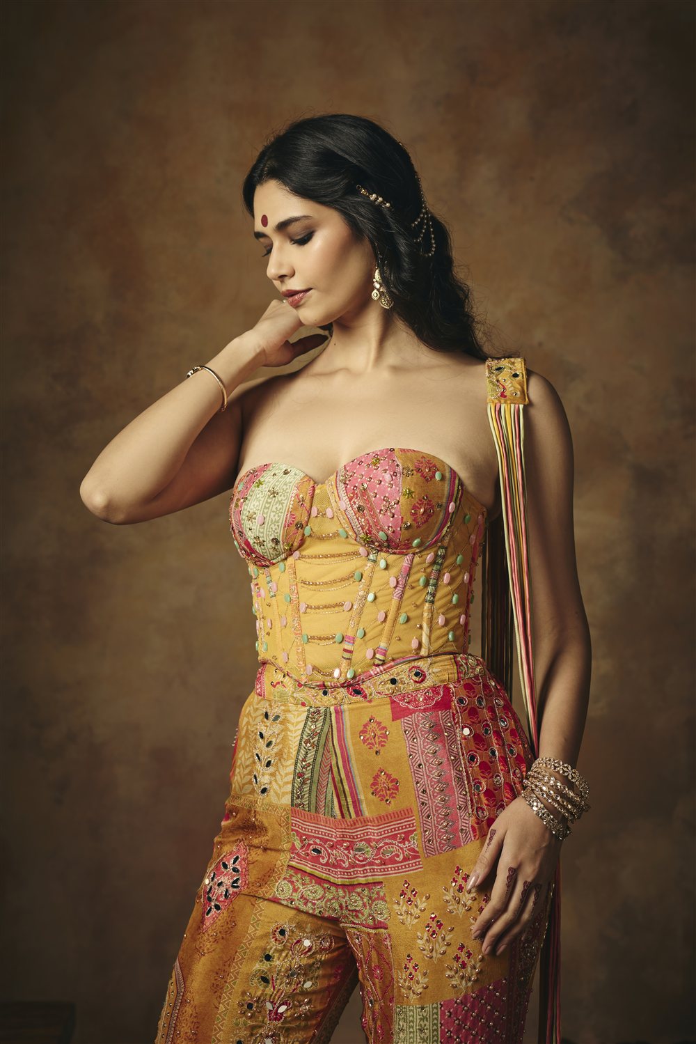Vasumati Yellow Print Embroidered Corset Set