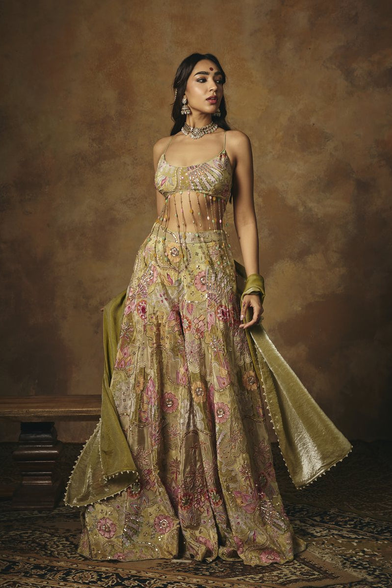 Kalish Green Embroidered Tassel Gharara Set