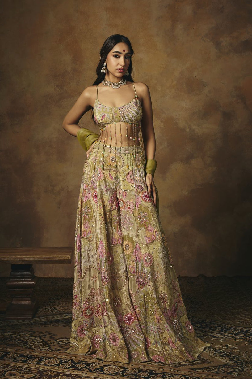 Kalish Green Embroidered Tassel Gharara Set