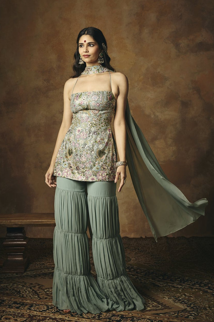Indu Blue Embroidered Sharara Set