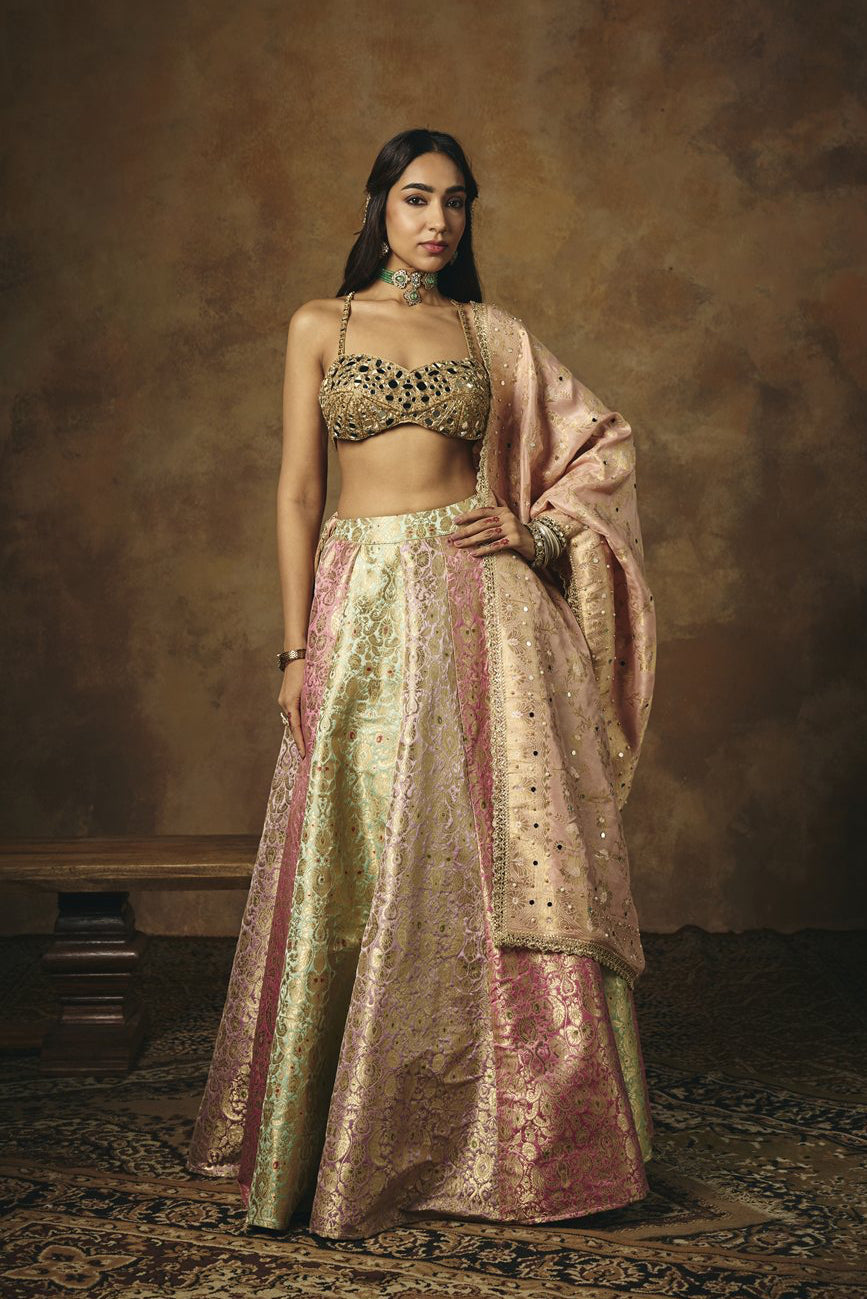 Ushasi Banarasi Brocade Kali Lehenga and Mirror Blouse Set