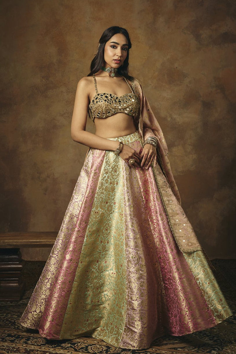 Ushasi Banarasi Brocade Kali Lehenga and Mirror Blouse Set