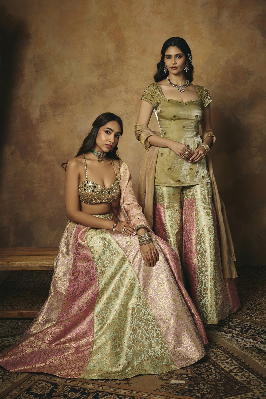 Ushasi Banarasi Brocade Kali Lehenga and Mirror Blouse Set